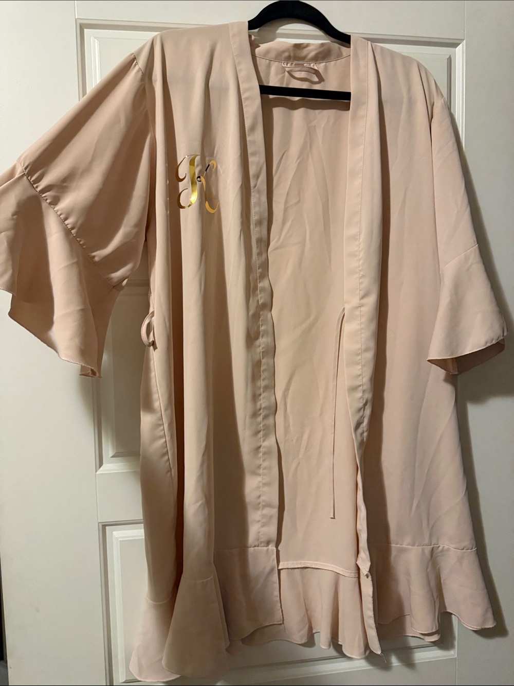 Blush Pink Satin Kimono Robe with Gold Initial